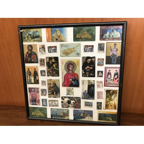 202 - Vintage Cyprus Cards, Stamps, Pictures and Other in Frame