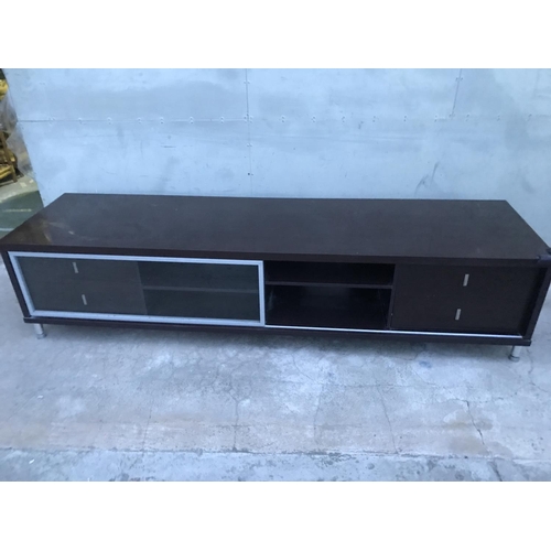 204 - Large Brown TV Cabinet with Sliding Glass Door and 4 Drawers (220 W. x 58 D. x 51cm H.) - Taken Back... 