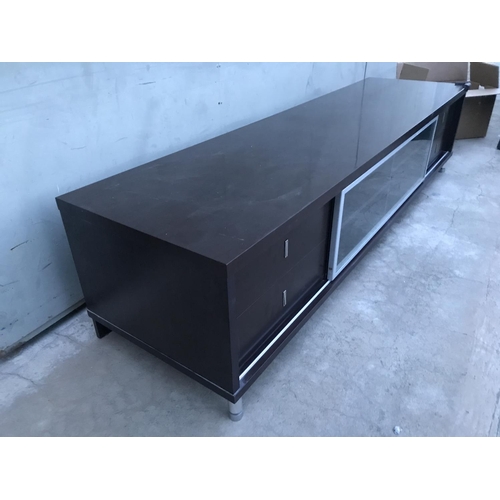 204 - Large Brown TV Cabinet with Sliding Glass Door and 4 Drawers (220 W. x 58 D. x 51cm H.) - Taken Back... 