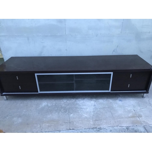 204 - Large Brown TV Cabinet with Sliding Glass Door and 4 Drawers (220 W. x 58 D. x 51cm H.) - Taken Back... 