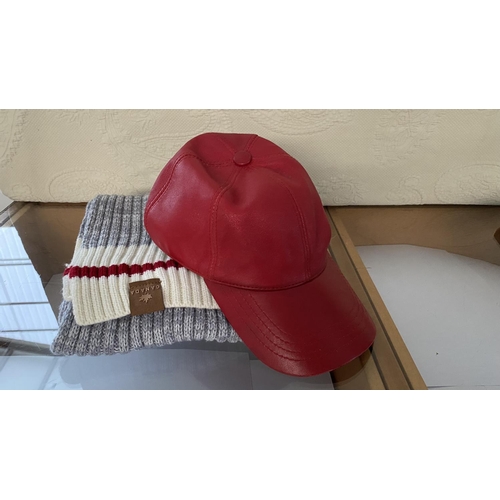 188 - Alexi Andriotti Real Leather Red Cap Together with Canada Grey Knitted Scarf