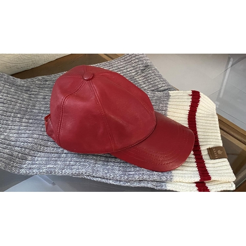188 - Alexi Andriotti Real Leather Red Cap Together with Canada Grey Knitted Scarf