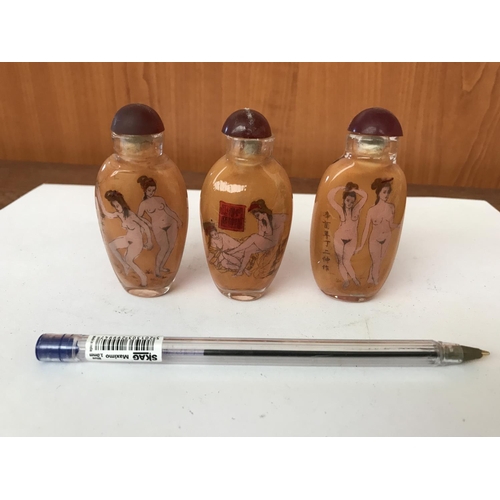 467 - Collection of 3 Chinese Erotic Glass Snuff Bottles