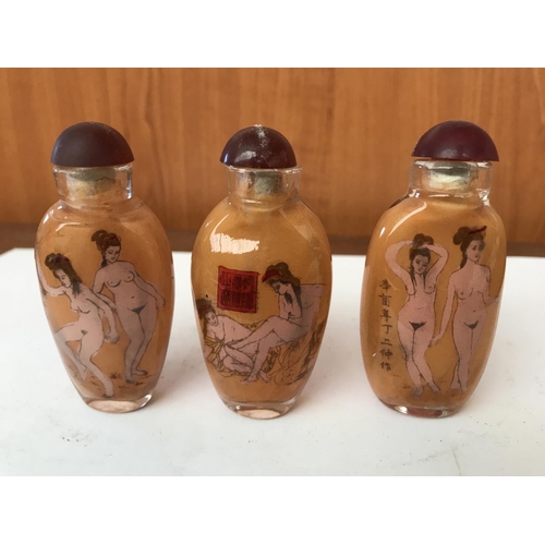 467 - Collection of 3 Chinese Erotic Glass Snuff Bottles