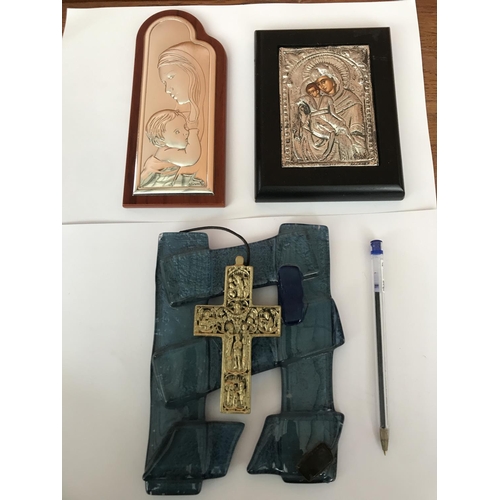 418 - x2 Silver 925 Small Virgin Mary and Jesus Icons Together with Art Deco Cross