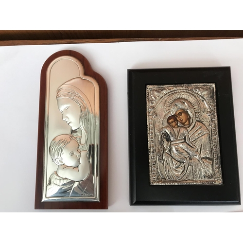 418 - x2 Silver 925 Small Virgin Mary and Jesus Icons Together with Art Deco Cross