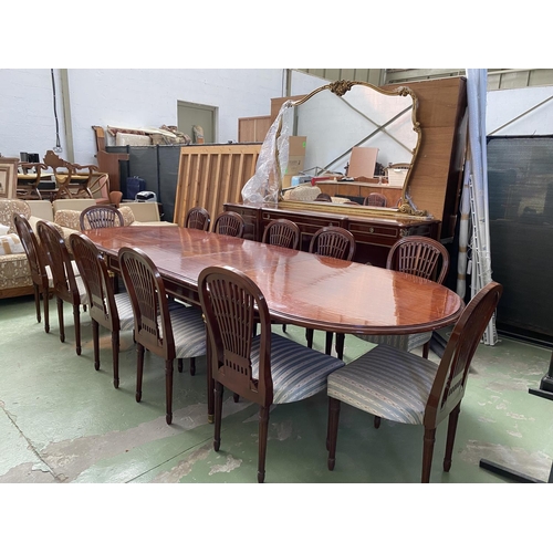 423 - Very Large x2 Extendable Dining Table with Brass Details and 12 Upholstered Matching Chairs (220/320... 