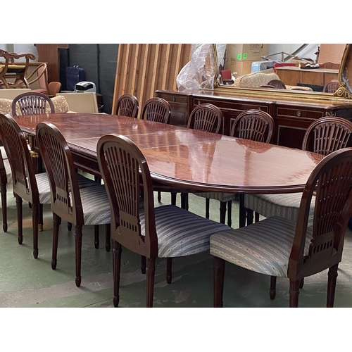 423 - Very Large x2 Extendable Dining Table with Brass Details and 12 Upholstered Matching Chairs (220/320... 