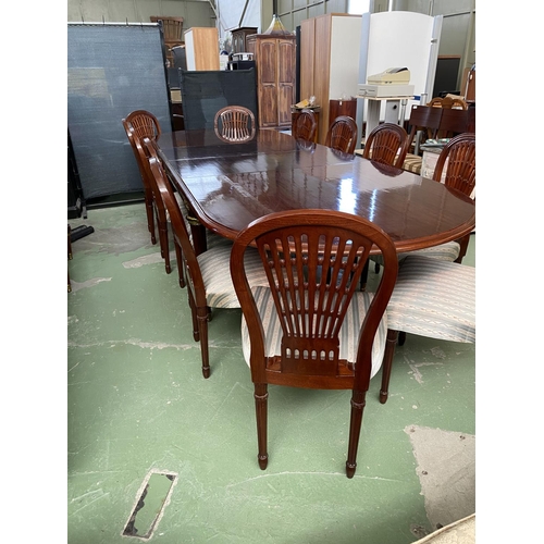 423 - Very Large x2 Extendable Dining Table with Brass Details and 12 Upholstered Matching Chairs (220/320... 