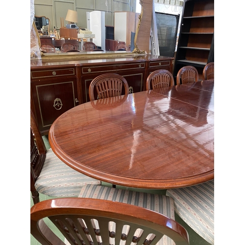 423 - Very Large x2 Extendable Dining Table with Brass Details and 12 Upholstered Matching Chairs (220/320... 