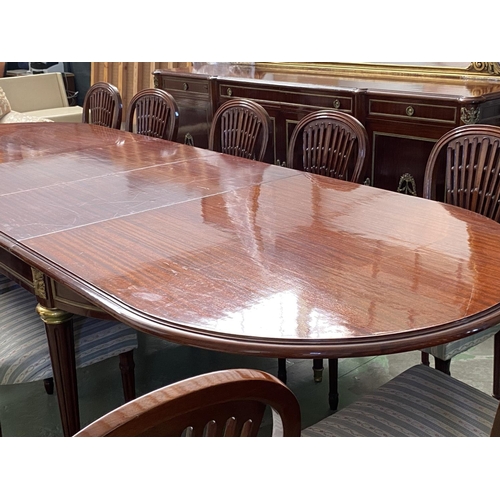 423 - Very Large x2 Extendable Dining Table with Brass Details and 12 Upholstered Matching Chairs (220/320... 