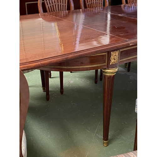 423 - Very Large x2 Extendable Dining Table with Brass Details and 12 Upholstered Matching Chairs (220/320... 