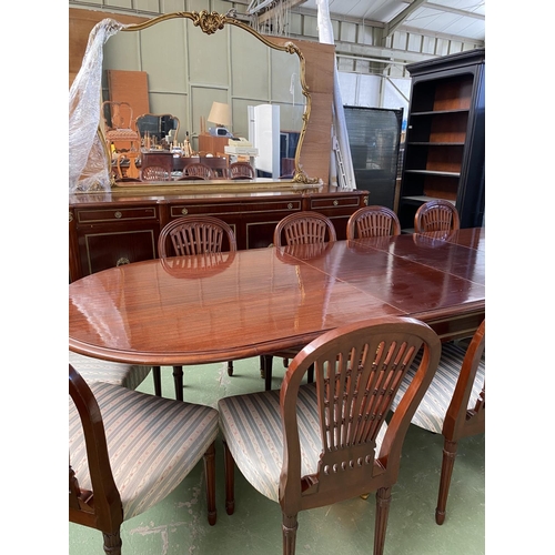 423 - Very Large x2 Extendable Dining Table with Brass Details and 12 Upholstered Matching Chairs (220/320... 