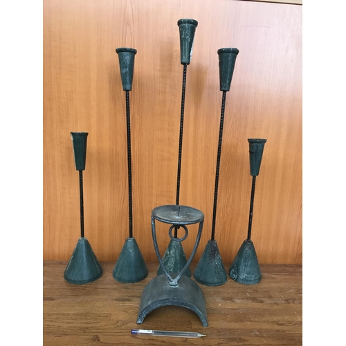 443 - Set of 6 Wood & Metal Candle Sticks (61cm Highest)
