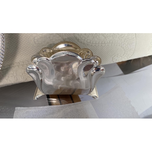 445 - Collection of Silver Plated Items, Round Tray, Bread Basket, x2 Table Mats, 6 Coasters and Napkin Ho... 