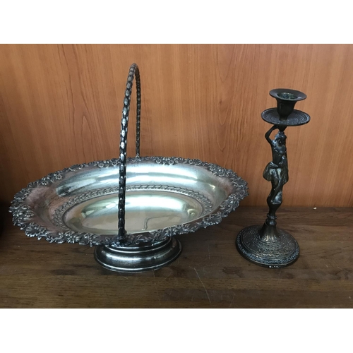 564 - Vintage EPNS Footed Tray with Handle and Brass Figurine-Candle Stick
