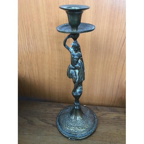564 - Vintage EPNS Footed Tray with Handle and Brass Figurine-Candle Stick