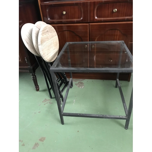 565 - x3 Small Circular Folding Side Tables Together with Glass Top Metal Side Table