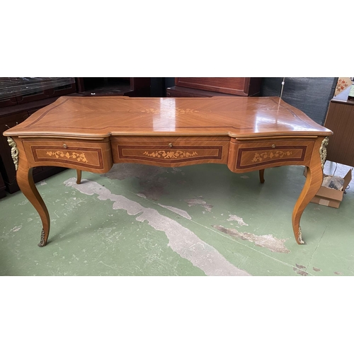 571 - Large Vintage French Louis XV Style Ornate Inlaid Marquetry Bureau Flat Desk with Brass Figure Mount... 