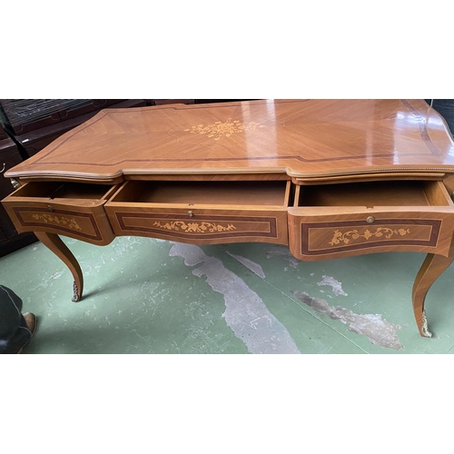 571 - Large Vintage French Louis XV Style Ornate Inlaid Marquetry Bureau Flat Desk with Brass Figure Mount... 