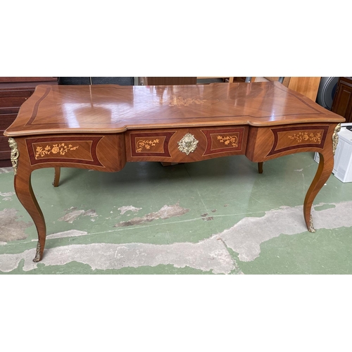 571 - Large Vintage French Louis XV Style Ornate Inlaid Marquetry Bureau Flat Desk with Brass Figure Mount... 