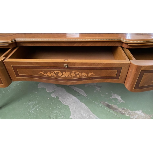 571 - Large Vintage French Louis XV Style Ornate Inlaid Marquetry Bureau Flat Desk with Brass Figure Mount... 