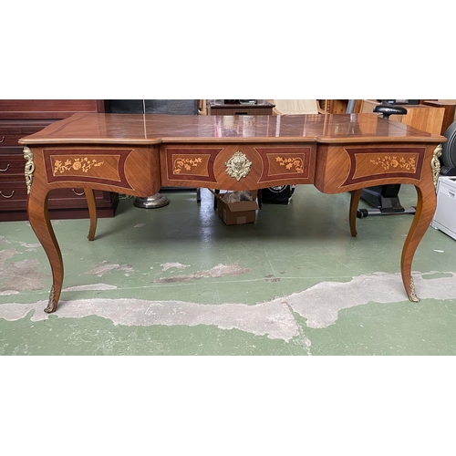 571 - Large Vintage French Louis XV Style Ornate Inlaid Marquetry Bureau Flat Desk with Brass Figure Mount... 