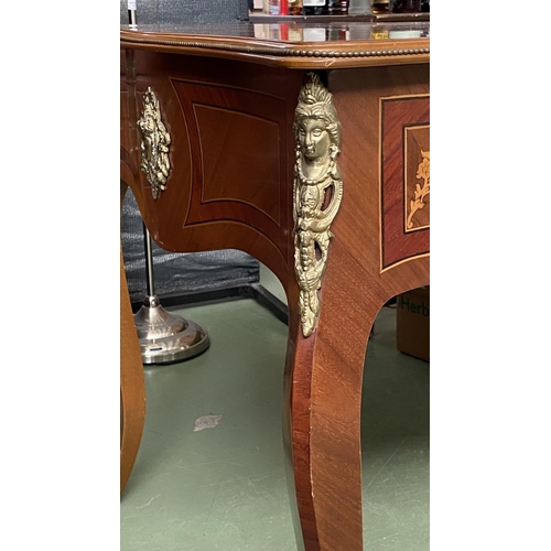 571 - Large Vintage French Louis XV Style Ornate Inlaid Marquetry Bureau Flat Desk with Brass Figure Mount... 