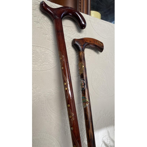 581 - x2 Wooden Walking Sticks - Alpenstock Covered with Mountain Hotels/Hostels of Austria and Another In... 