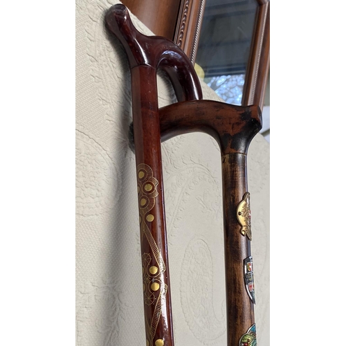 581 - x2 Wooden Walking Sticks - Alpenstock Covered with Mountain Hotels/Hostels of Austria and Another In... 