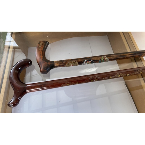 581 - x2 Wooden Walking Sticks - Alpenstock Covered with Mountain Hotels/Hostels of Austria and Another In... 