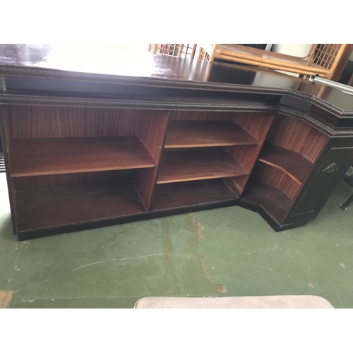 593 - Large Vintage Mahogany Bar Unit Ornate with Carvings and 2 Matching Stools (Appr. 236 W. x 49/82 D. ... 