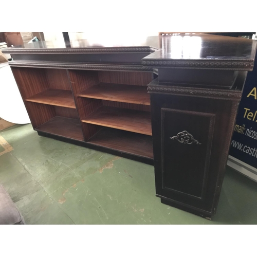 593 - Large Vintage Mahogany Bar Unit Ornate with Carvings and 2 Matching Stools (Appr. 236 W. x 49/82 D. ... 