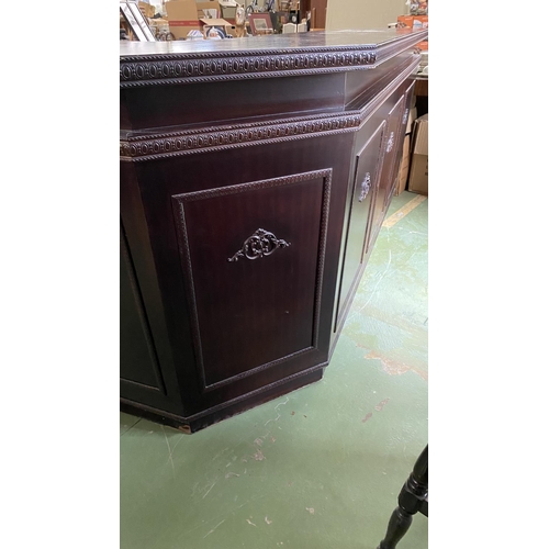 593 - Large Vintage Mahogany Bar Unit Ornate with Carvings and 2 Matching Stools (Appr. 236 W. x 49/82 D. ... 