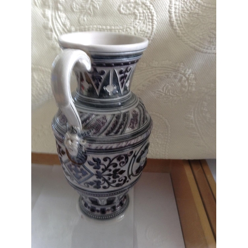 176 - Vintage German Stoneware Vase with Damons Decoration on Handles (25cm H.)