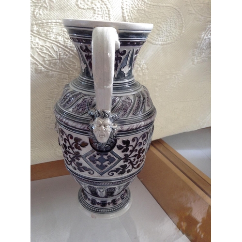 176 - Vintage German Stoneware Vase with Damons Decoration on Handles (25cm H.)