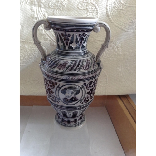 176 - Vintage German Stoneware Vase with Damons Decoration on Handles (25cm H.)