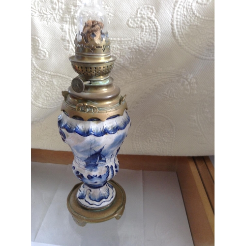 250 - Antique Delft Like Blue and White Lamp, Ceramic with Brass, Made in Holland (50cm H.)