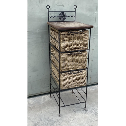 68 - Tall Wrought Iron, Natural Rattan and Wood Storage Unit with Pull Out Drawers (34 W. x 39 D. x 110cm... 