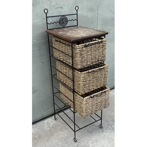 68 - Tall Wrought Iron, Natural Rattan and Wood Storage Unit with Pull Out Drawers (34 W. x 39 D. x 110cm... 