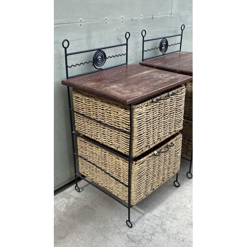 69 - x2 Natural Rattan and Wrought Iron 2-Drawer Bedside Cabinets (46 W. x 38 D. x 79cm H./each)