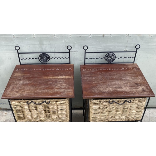 69 - x2 Natural Rattan and Wrought Iron 2-Drawer Bedside Cabinets (46 W. x 38 D. x 79cm H./each)