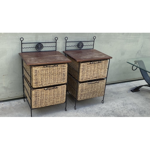 69 - x2 Natural Rattan and Wrought Iron 2-Drawer Bedside Cabinets (46 W. x 38 D. x 79cm H./each)