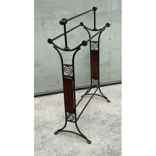 70 - Wrought Iron with Brass Finish and Wood Gothic Style Towel Rail (69 W. x 90cm H.)