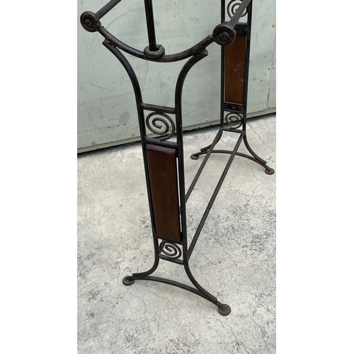 70 - Wrought Iron with Brass Finish and Wood Gothic Style Towel Rail (69 W. x 90cm H.)