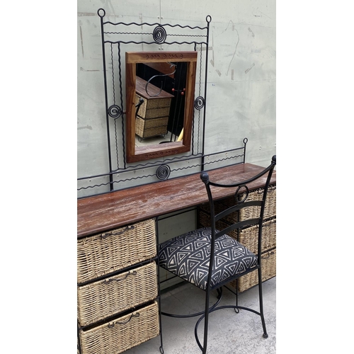 82 - Wrought Iron, Natural Rattan and Wood Dressing Table and Mirror with Matching Chair (135 W. x 37 D. ... 