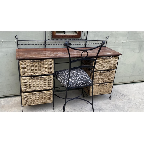 82 - Wrought Iron, Natural Rattan and Wood Dressing Table and Mirror with Matching Chair (135 W. x 37 D. ... 