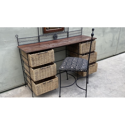 82 - Wrought Iron, Natural Rattan and Wood Dressing Table and Mirror with Matching Chair (135 W. x 37 D. ... 