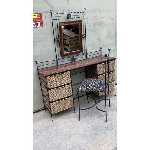 82 - Wrought Iron, Natural Rattan and Wood Dressing Table and Mirror with Matching Chair (135 W. x 37 D. ... 