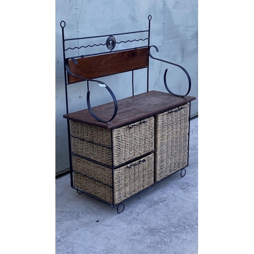 86 - Natural Rattan, Wrought Iron and Wood 2-Seat Bench (87 W. x 37 D. x 111cm H.)